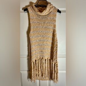 Free People Wo Sz L Turtle Neck Knit Fringe Sweater - Tan and Cream